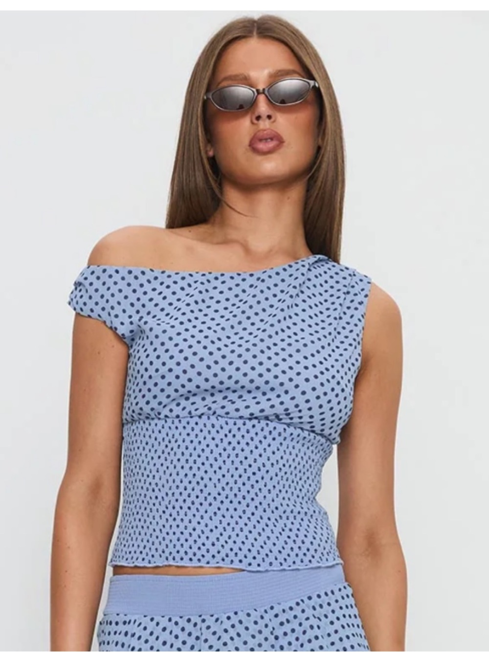 Princess Polly ready to party off the shoulders top blue polka dot size 0 NWT